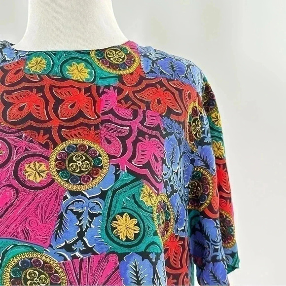 Christie & Jill top size L multicolored 100% silk floral watercolor 80s 90s - Picture 2 of 9